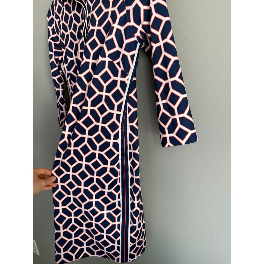 Gretchen Scott SHRIMP Shift Dress Navy Geometric Print 3/4 Sleeve Button Neck - Picture 4 of 6